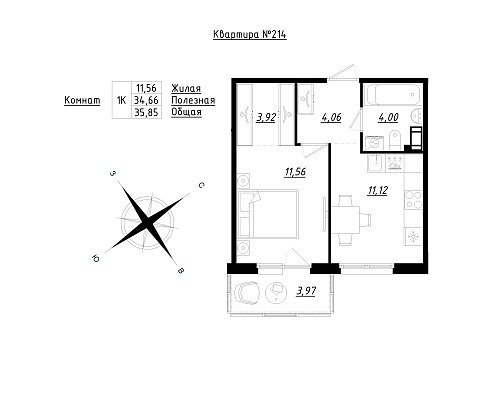 1 комн. квартира, 36 м², 5 этаж 