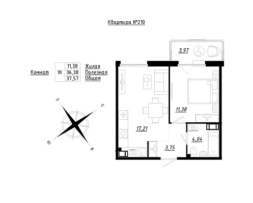 1 комн. квартира, 37.7 м², 4 этаж 