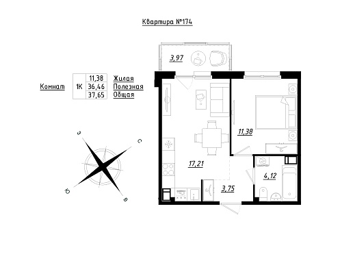 1 комн. квартира, 37.8 м², 4 этаж 