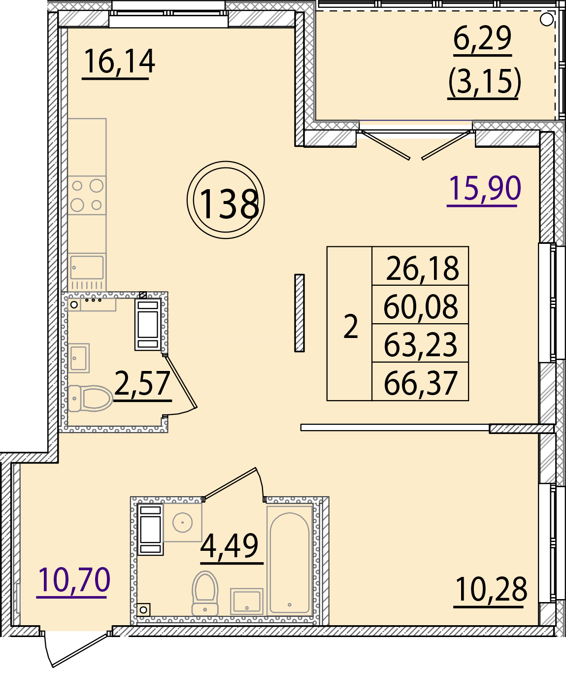 2 комн. квартира, 60.1 м², 4 этаж 