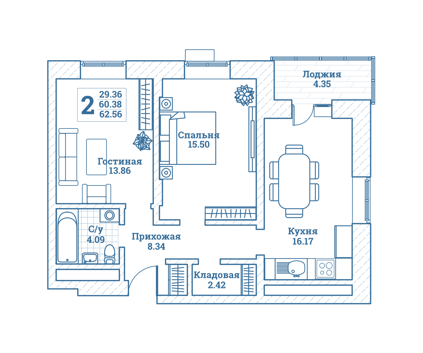 2 комн. квартира, 62.6 м², 2 этаж 