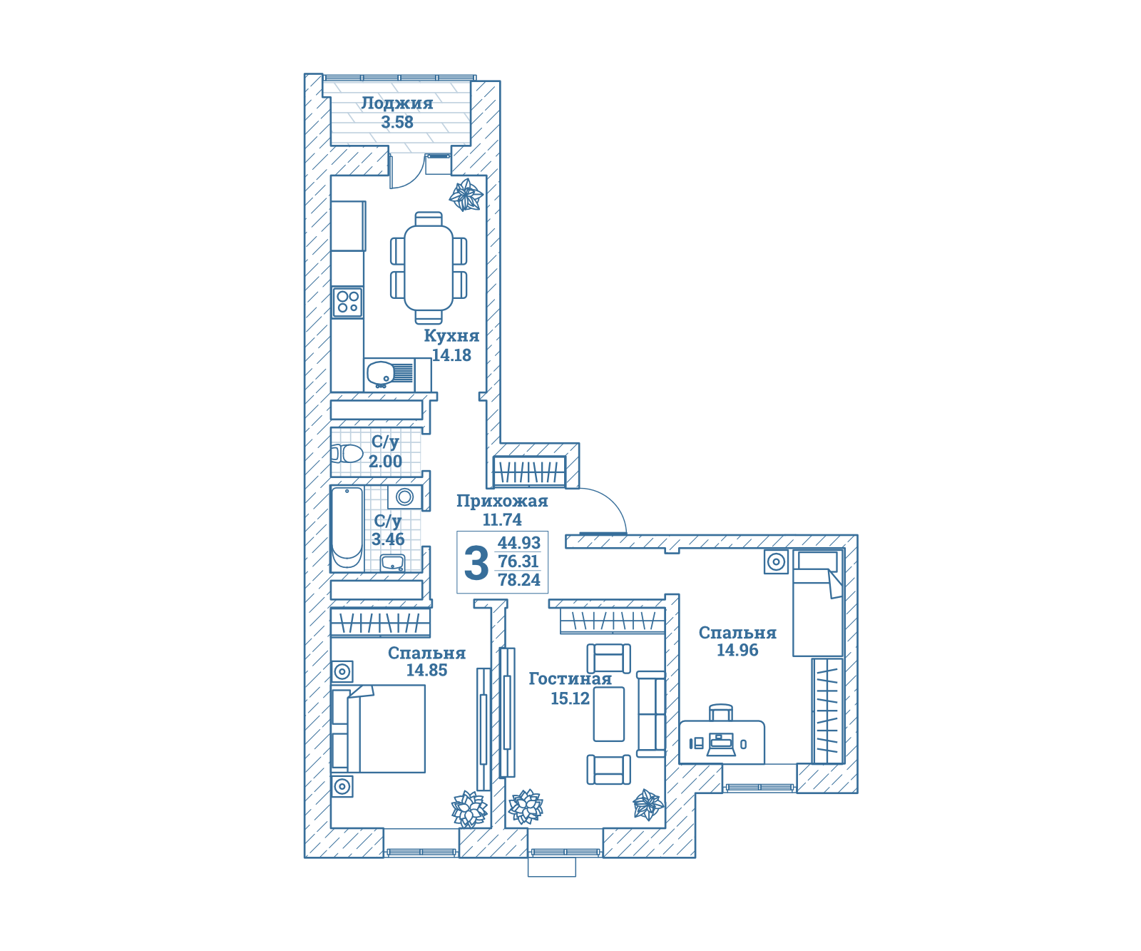 3 комн. квартира, 78.8 м², 7 этаж 