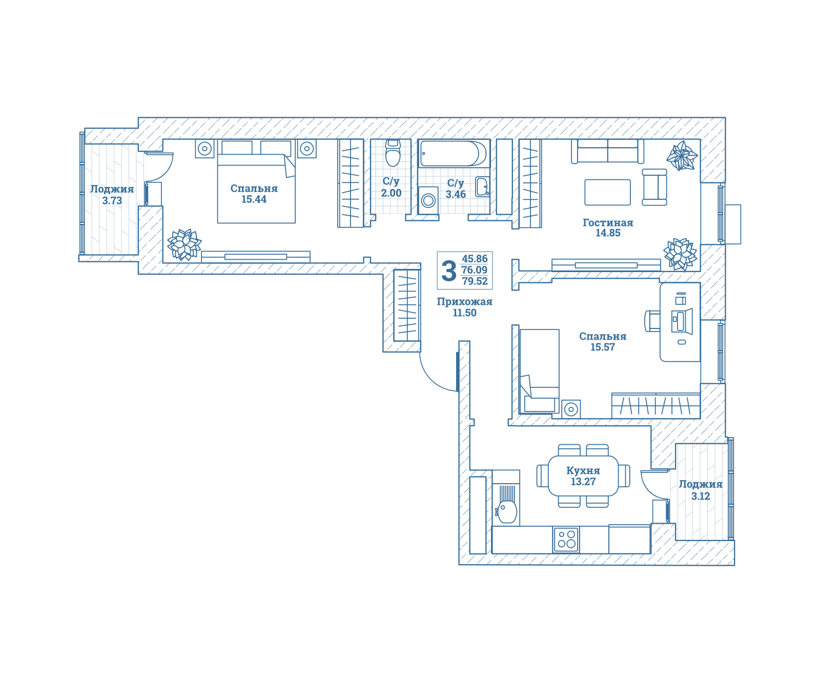 3 комн. квартира, 79.9 м², 7 этаж 