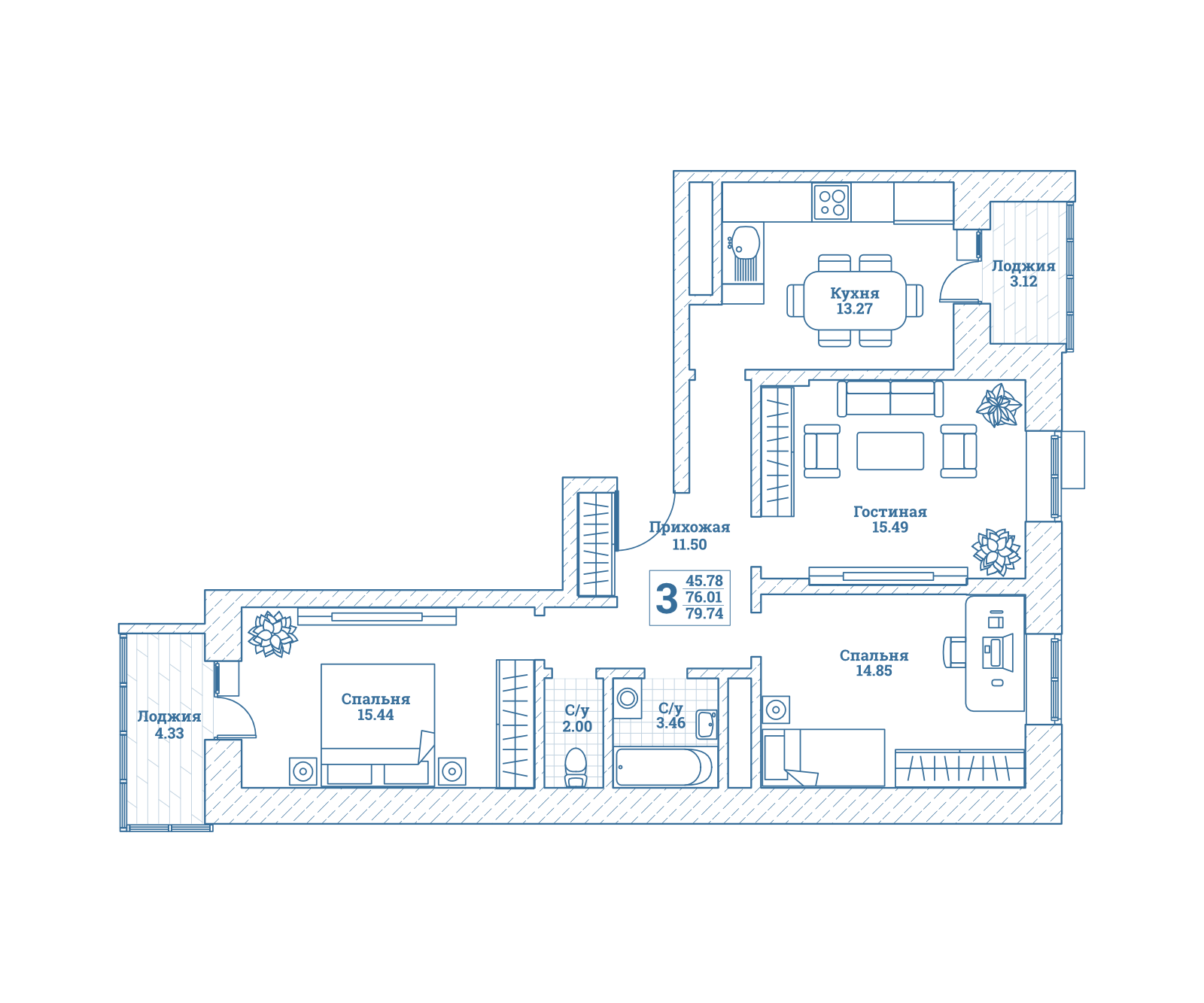 3 комн. квартира, 80.2 м², 4 этаж 