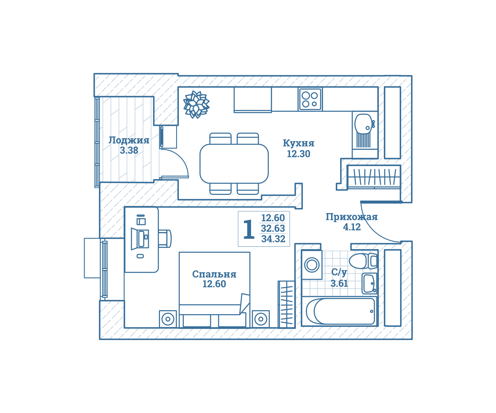 1 комн. квартира, 34.7 м², 3 этаж 