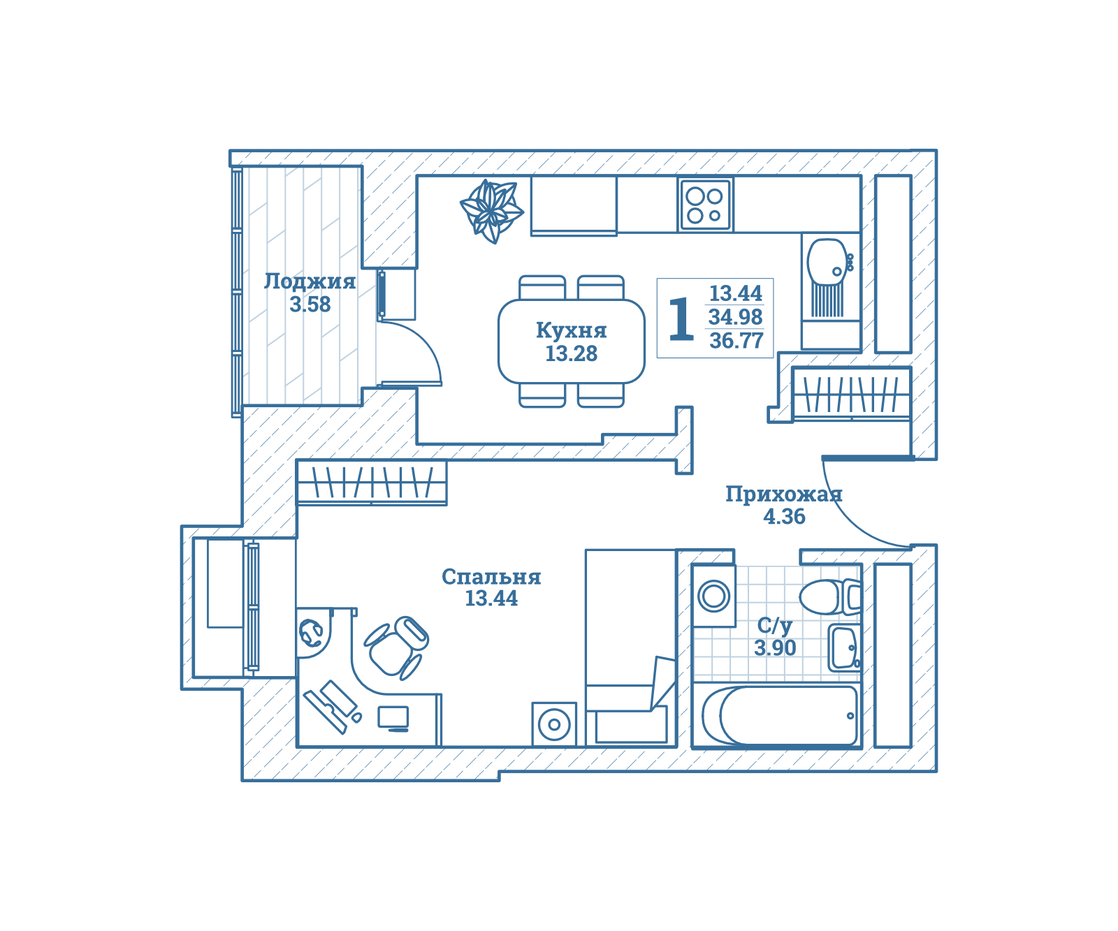 1 комн. квартира, 37 м², 6 этаж 