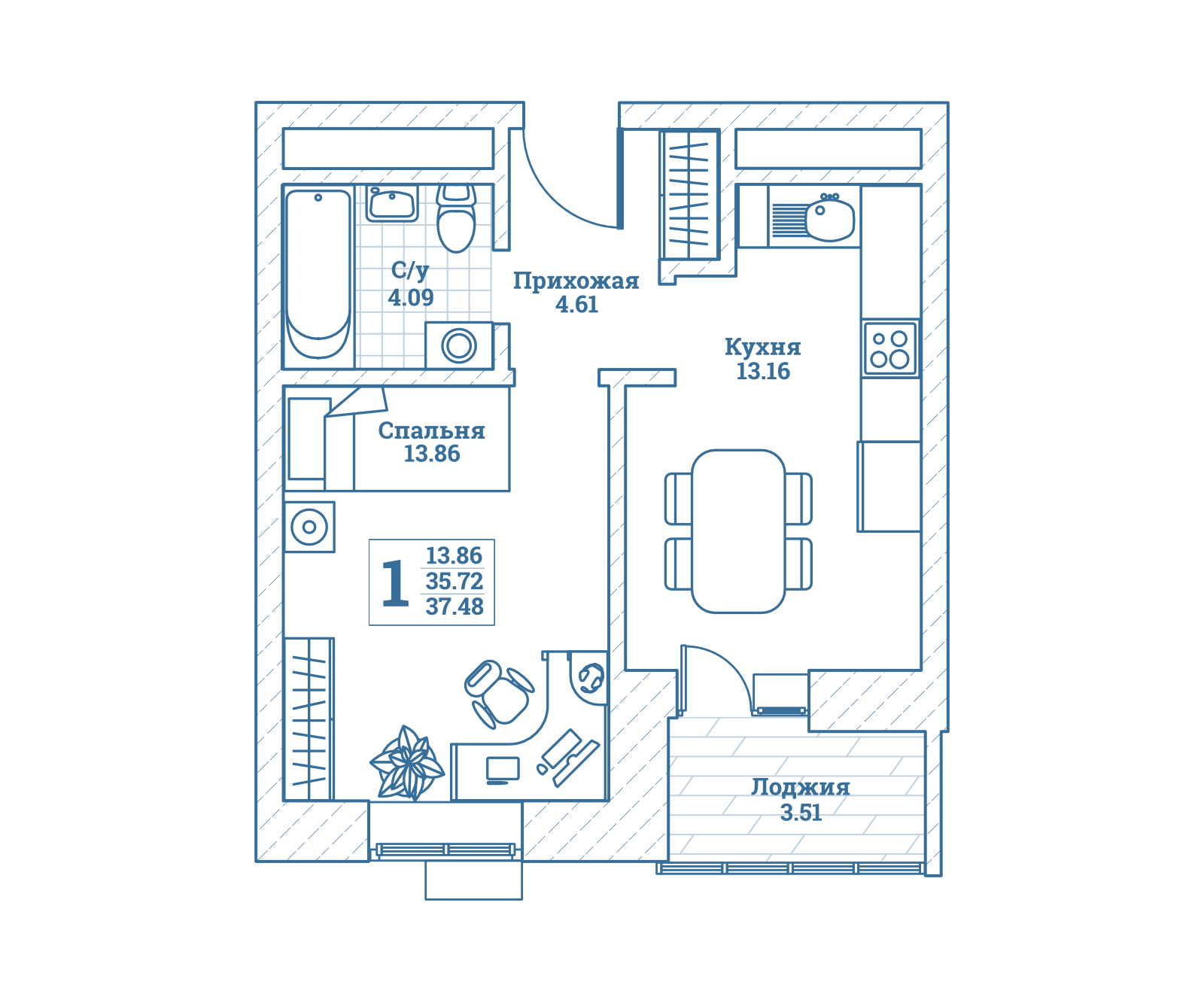 1 комн. квартира, 37.6 м², 3 этаж 