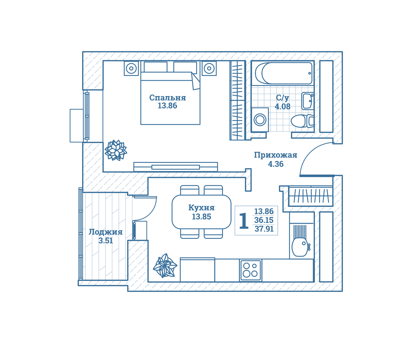 1 комн. квартира, 38.3 м², 7 этаж 