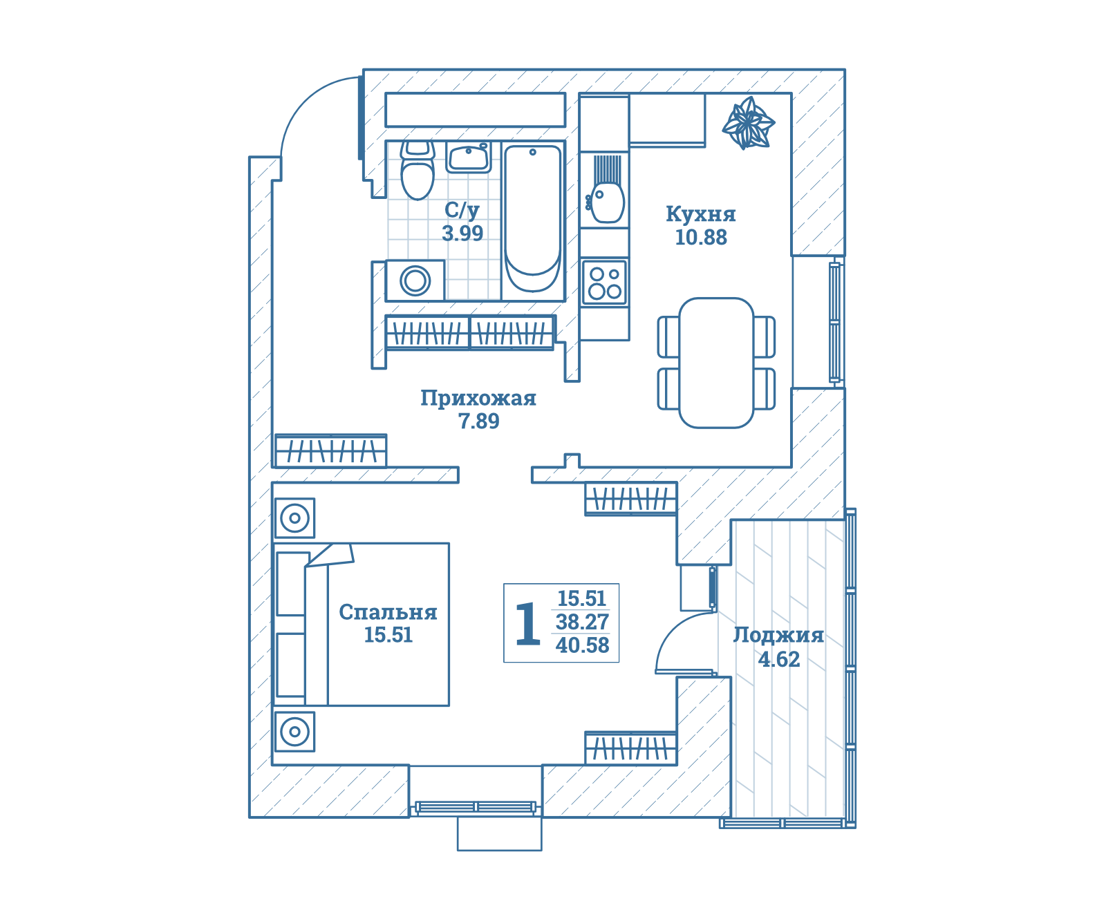 1 комн. квартира, 40.6 м², 4 этаж 