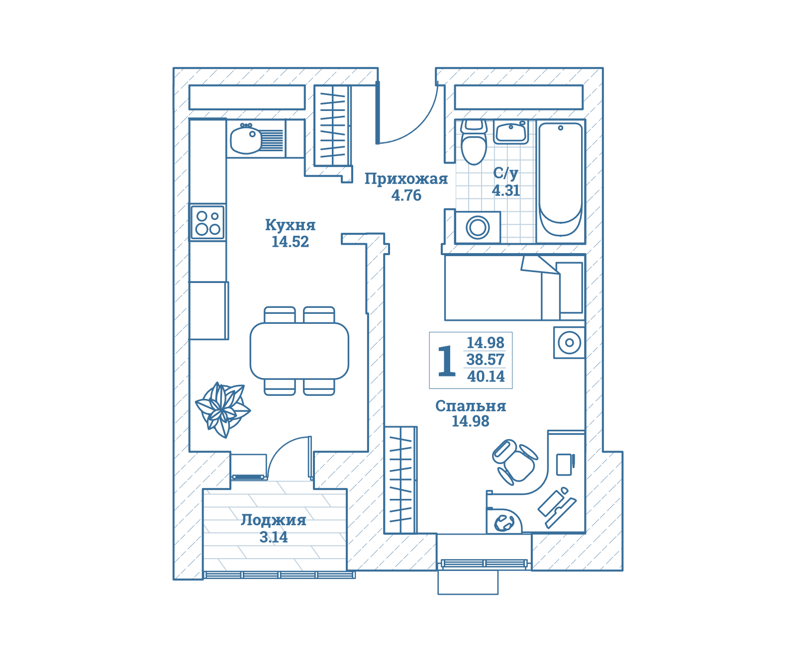 1 комн. квартира, 40.6 м², 1 этаж 