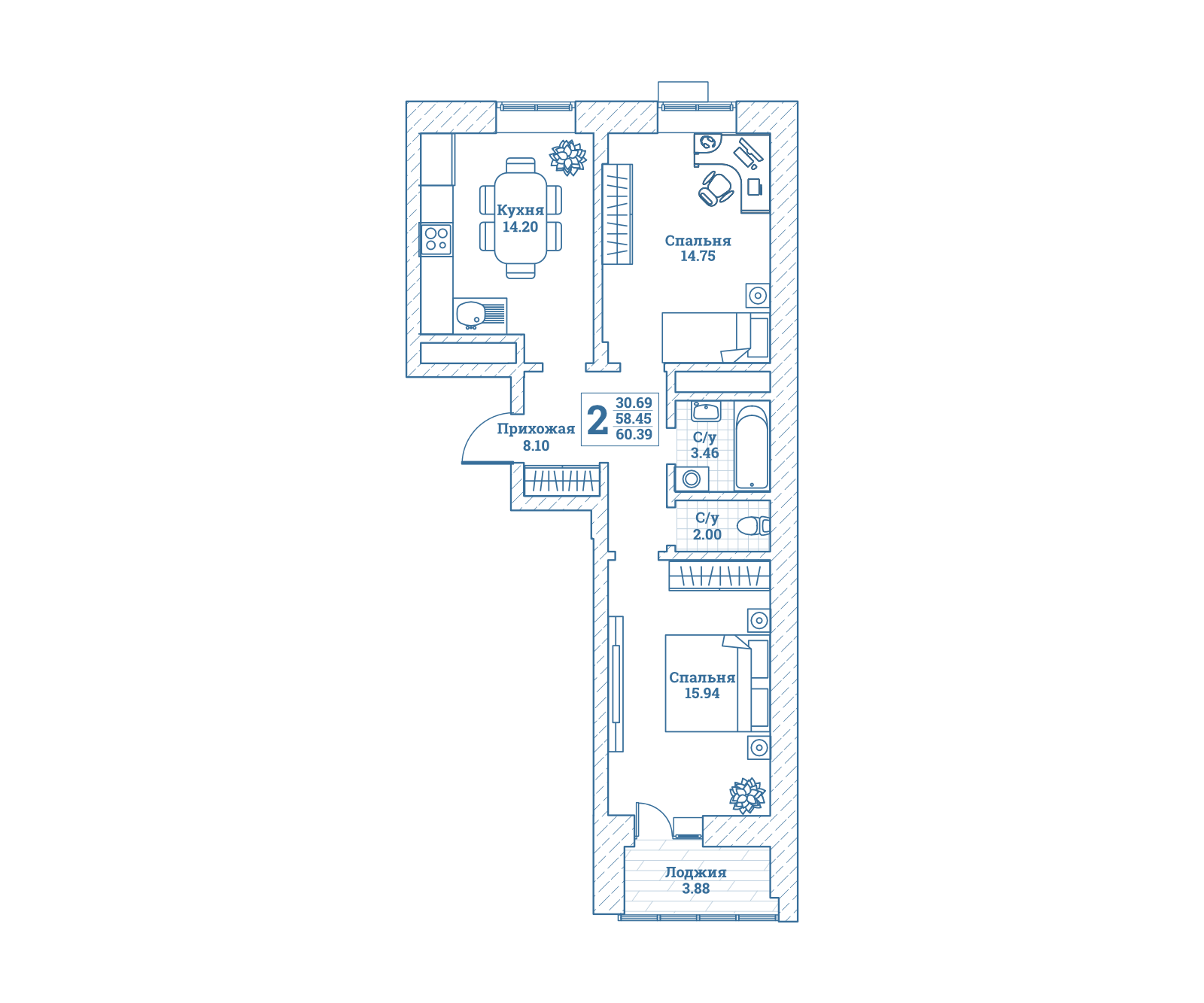 2 комн. квартира, 60.3 м², 5 этаж 
