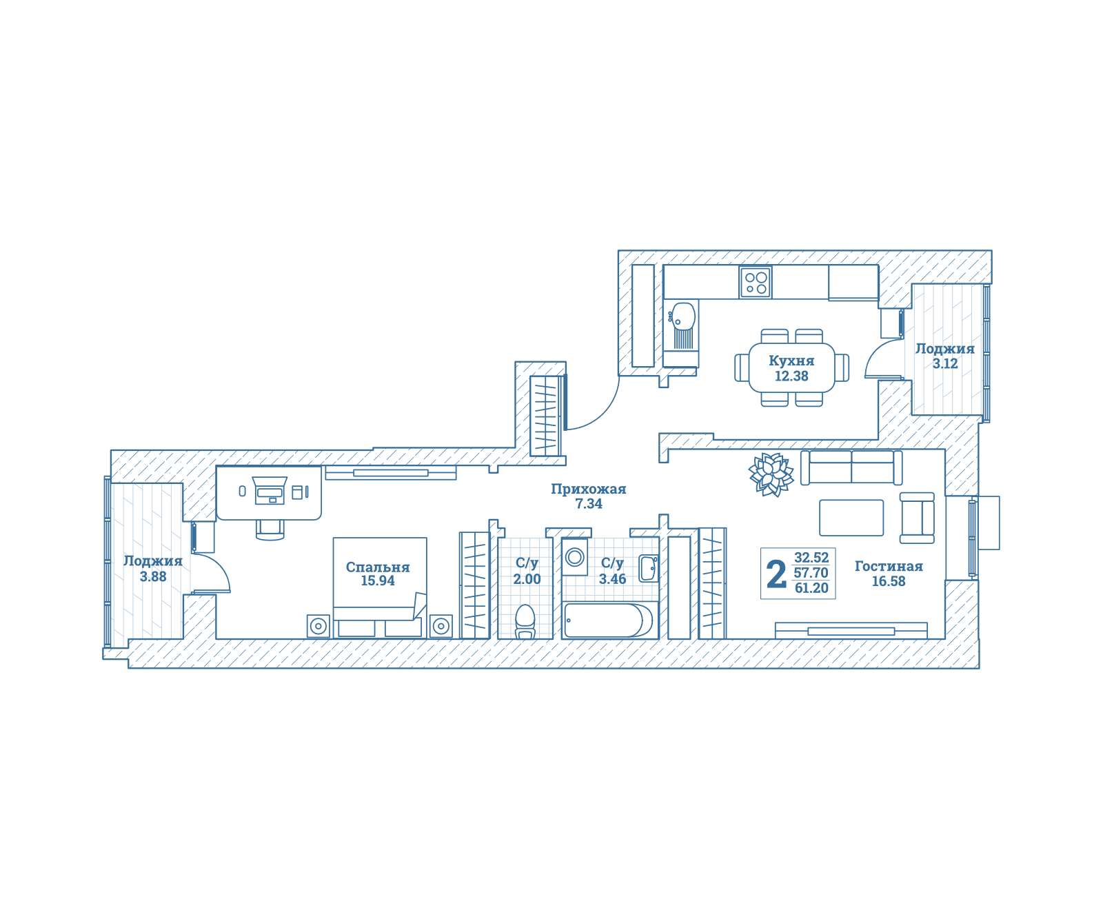 2 комн. квартира, 61.2 м², 1 этаж 