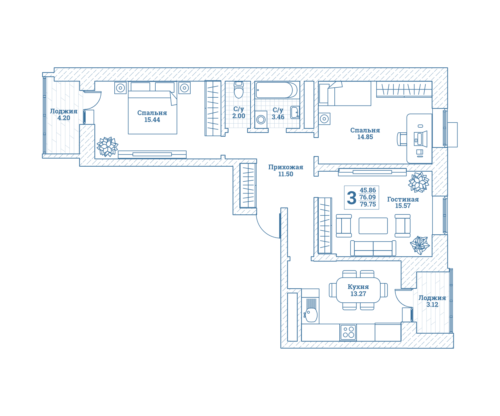 3 комн. квартира, 80.3 м², 4 этаж 
