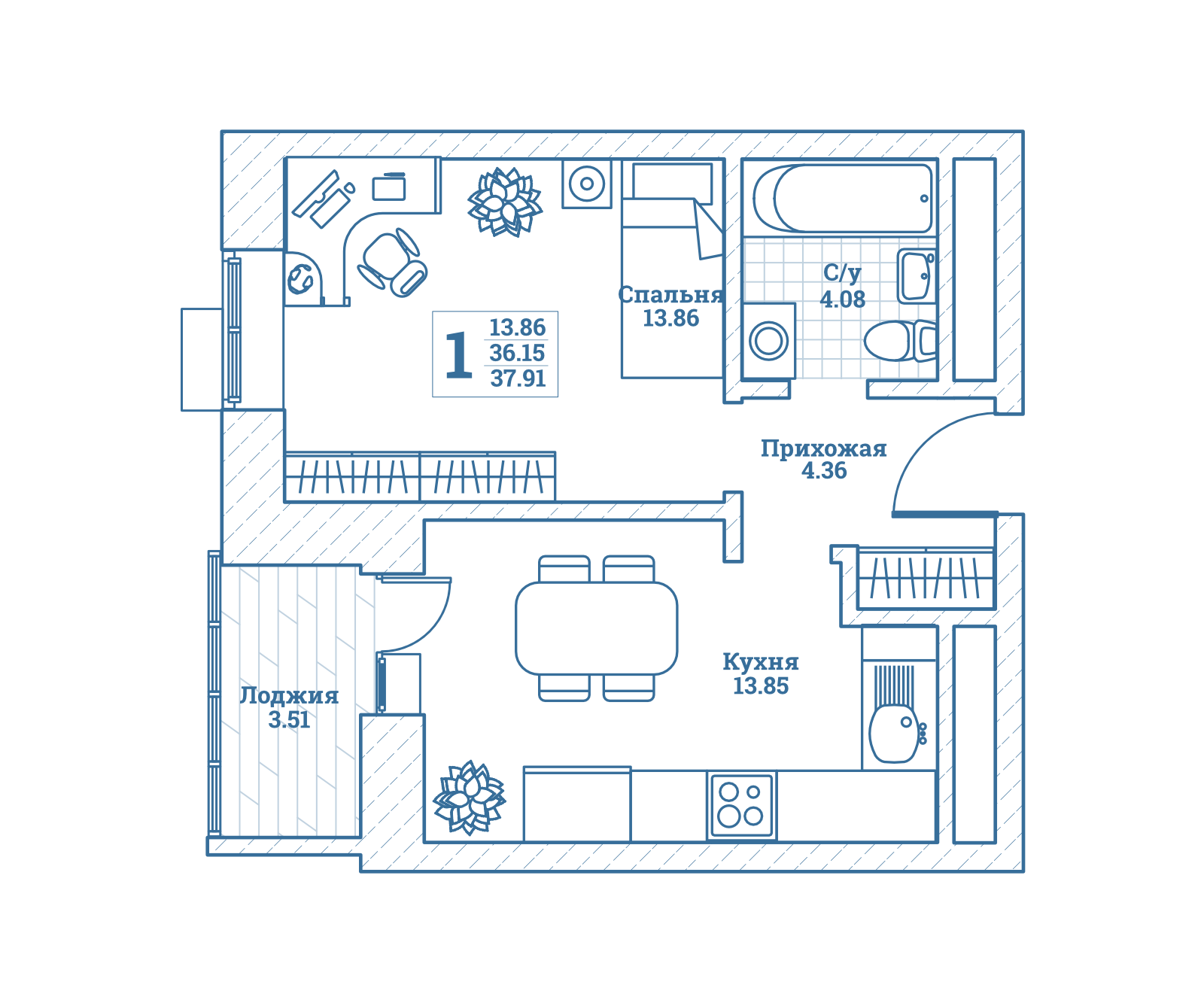 1 комн. квартира, 38.3 м², 6 этаж 