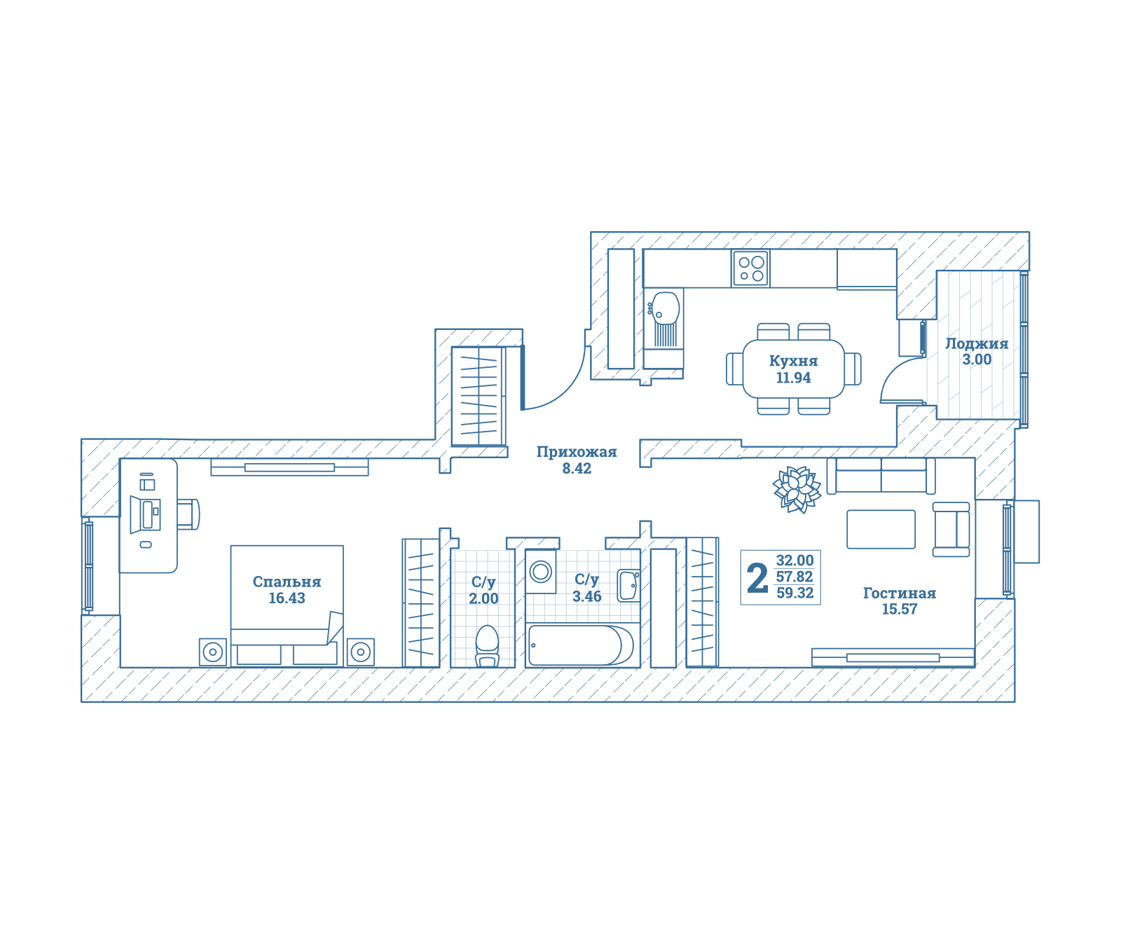 2 комн. квартира, 59.8 м², 2 этаж 