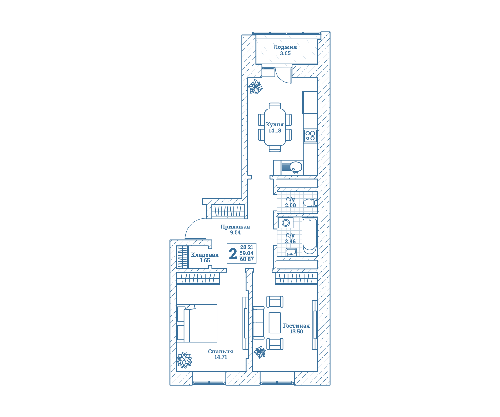 2 комн. квартира, 61.3 м², 7 этаж 