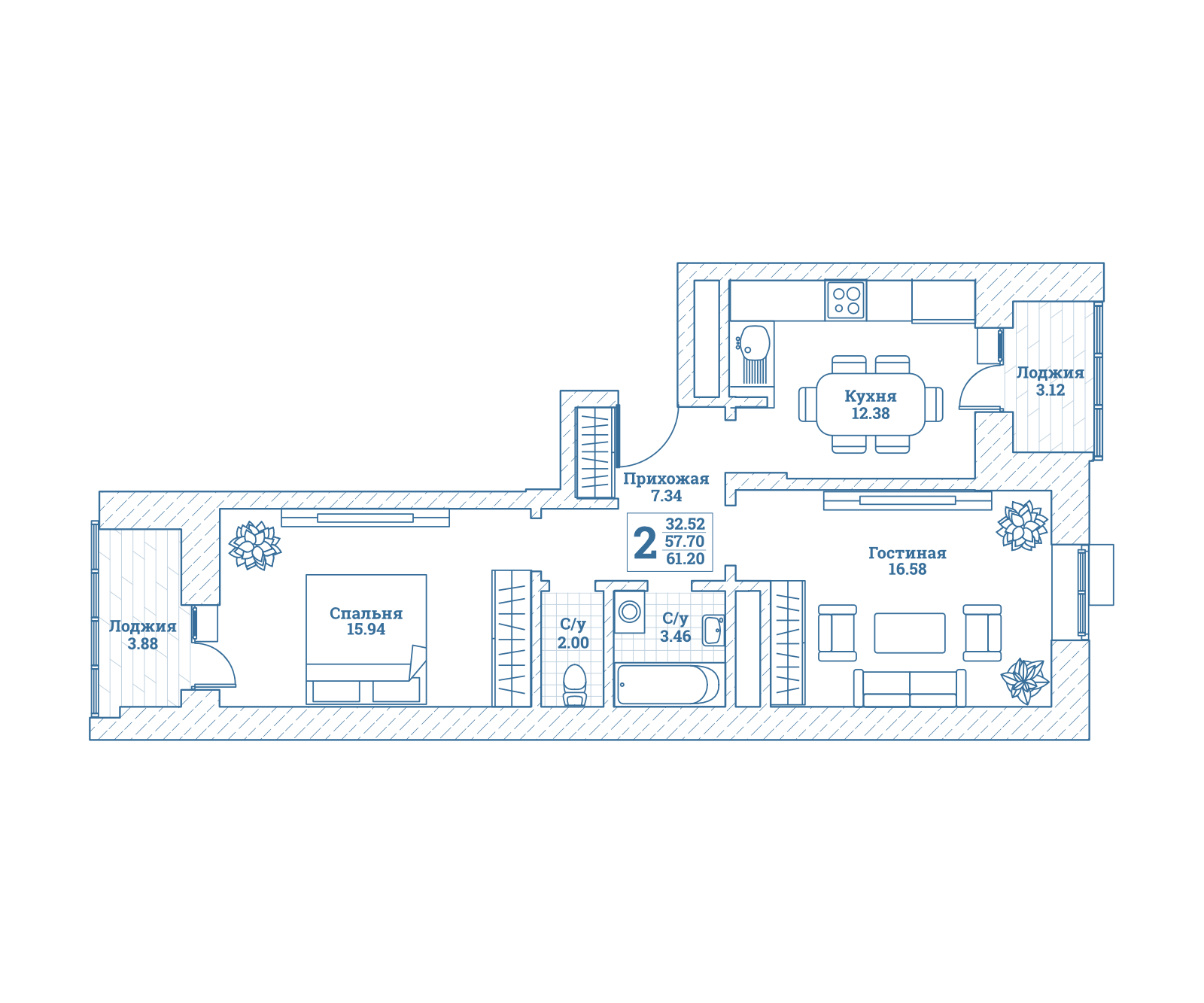 2 комн. квартира, 61.3 м², 1 этаж 