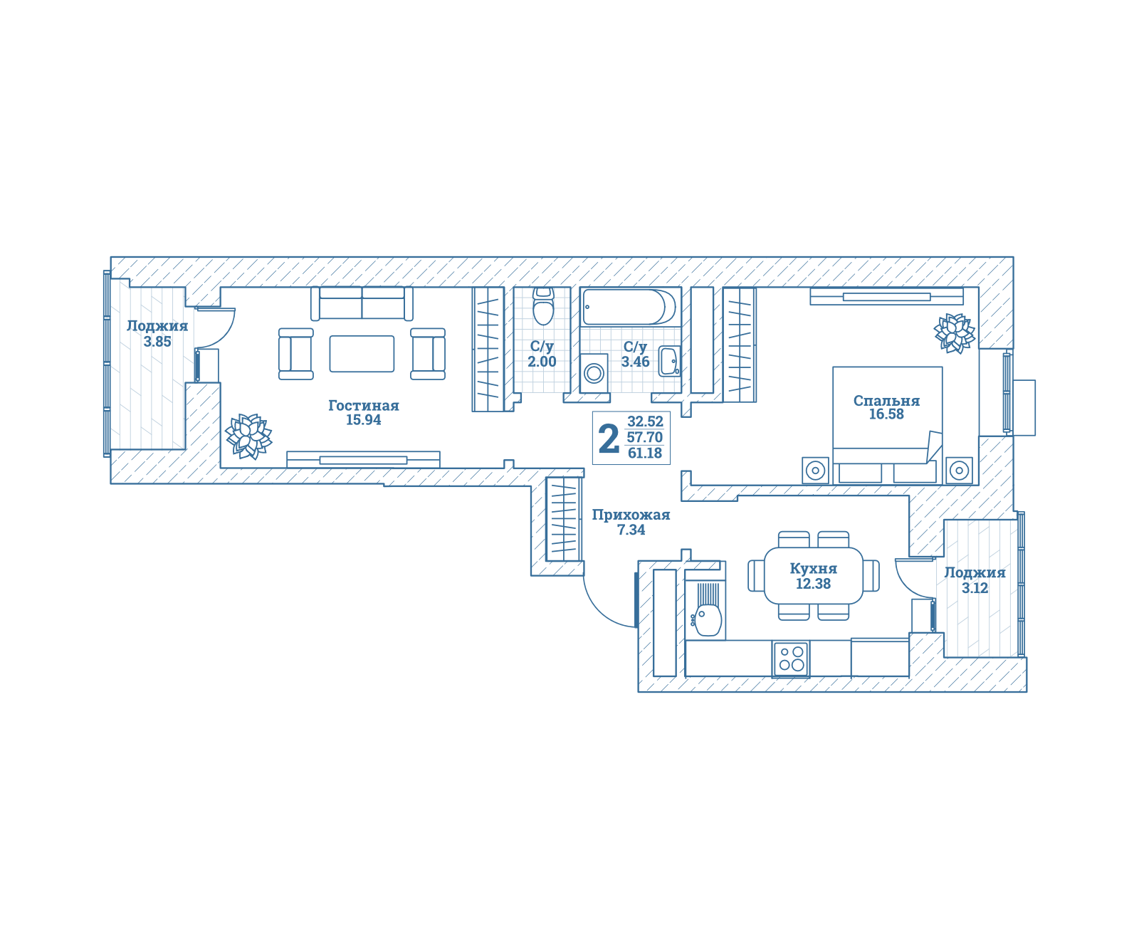 2 комн. квартира, 61.3 м², 3 этаж 