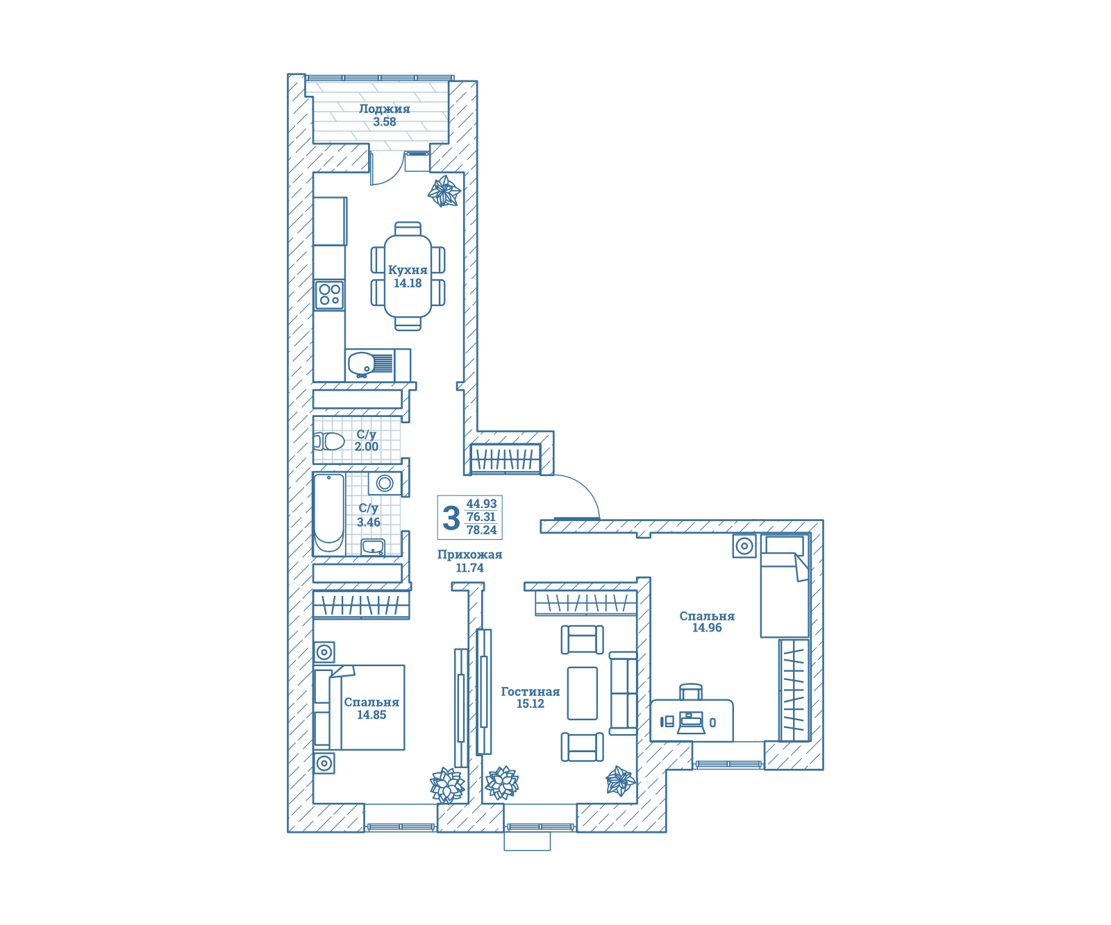 3 комн. квартира, 79.2 м², 6 этаж 