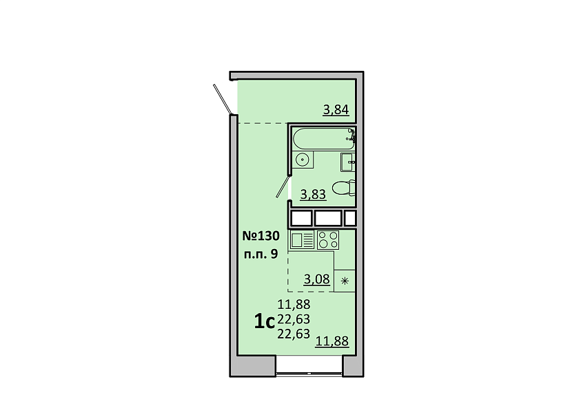 студия, 22.6 м², 13 этаж 
