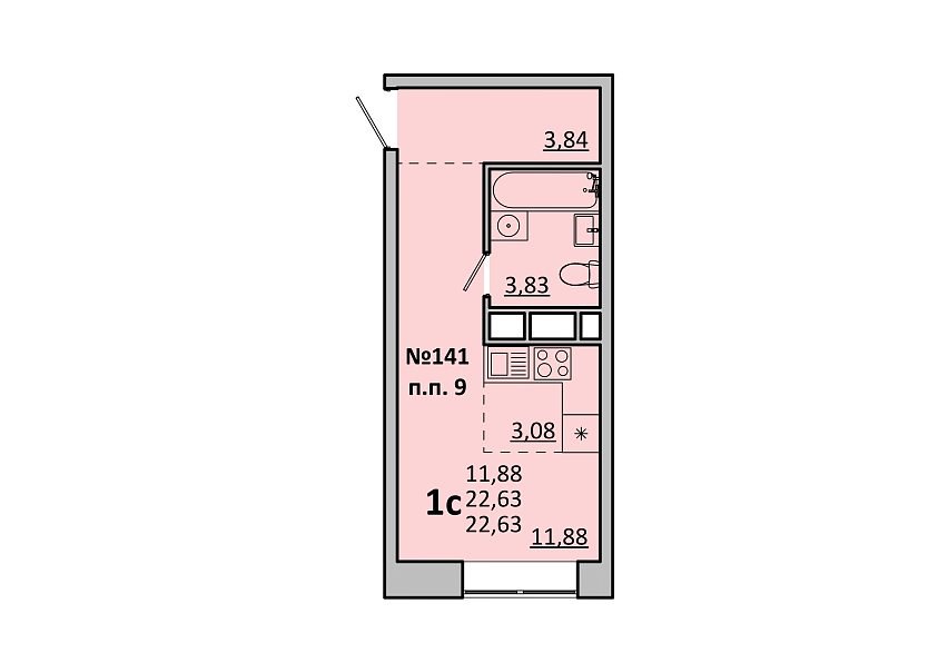 студия, 22.6 м², 14 этаж 