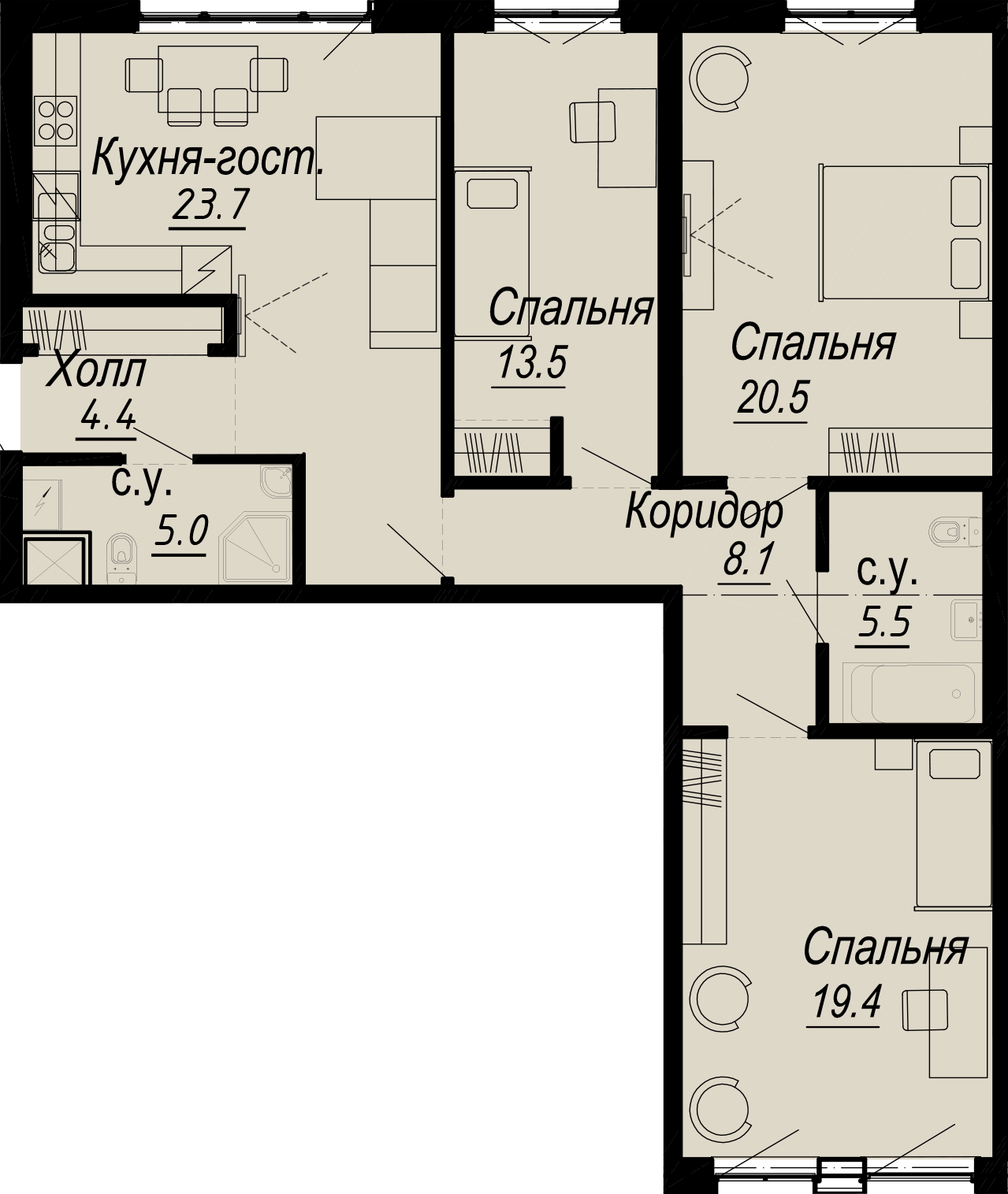 3 комн. квартира, 102 м², 3 этаж 