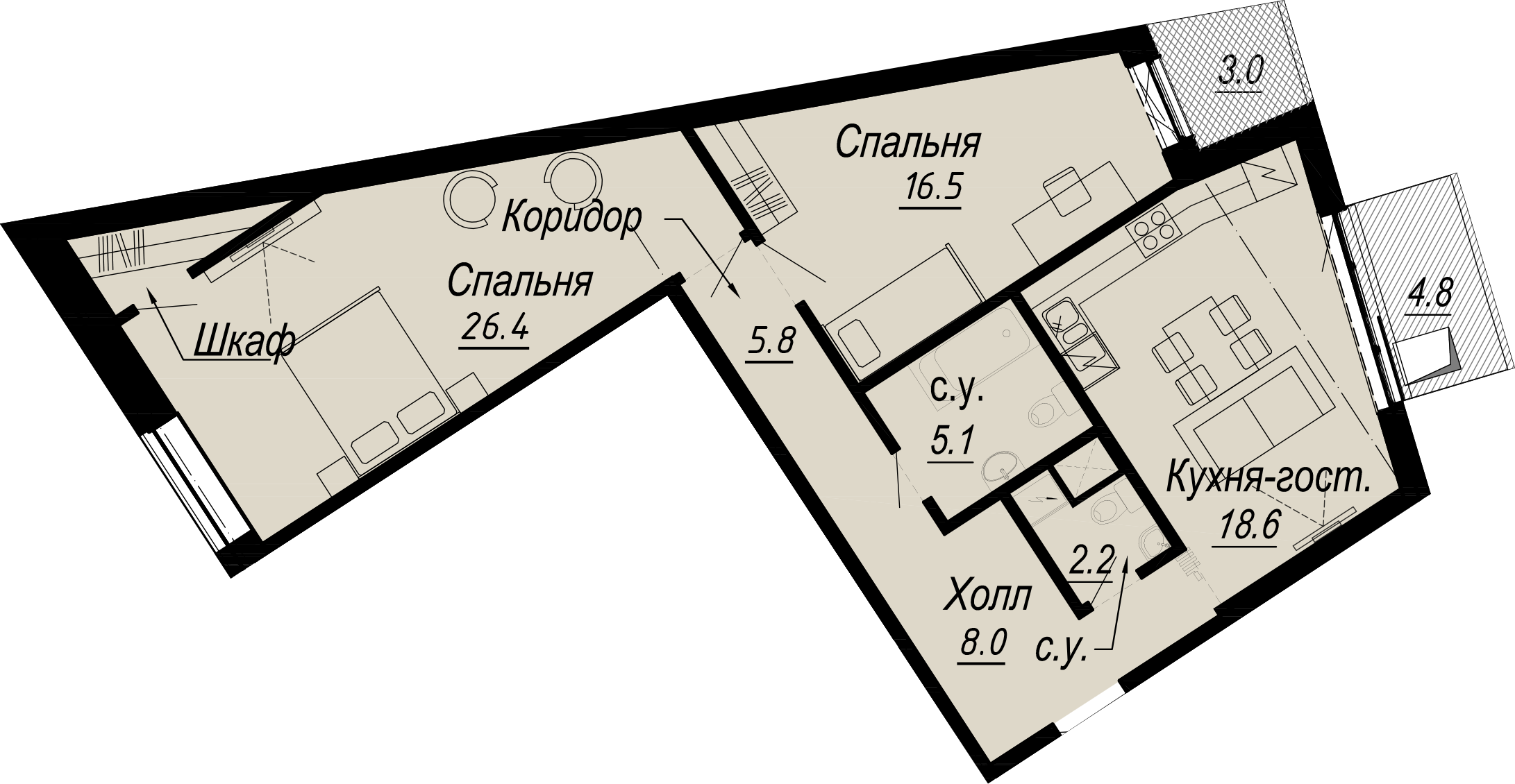 2 комн. квартира, 86.5 м², 4 этаж 