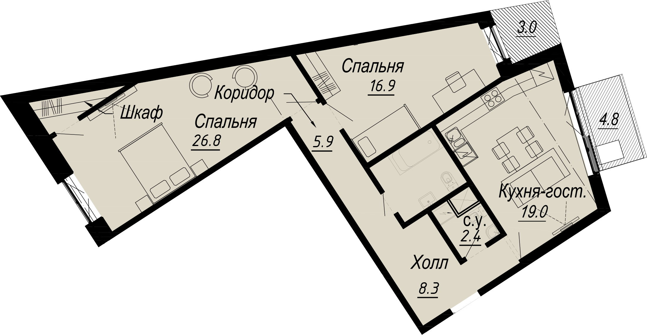 2 комн. квартира, 84.6 м², 5 этаж 
