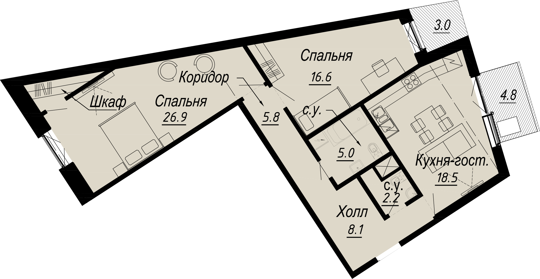 2 комн. квартира, 85.5 м², 6 этаж 
