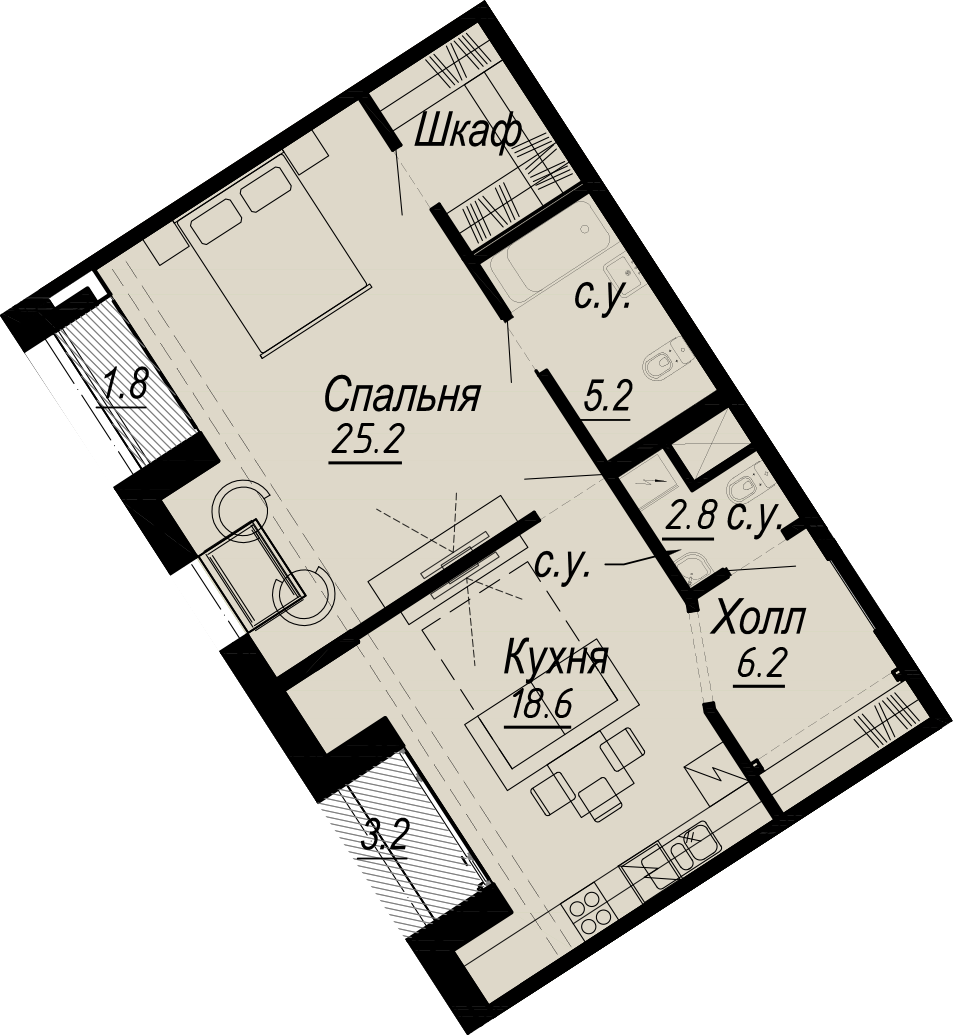 1 комн. квартира, 59.3 м², 7 этаж 