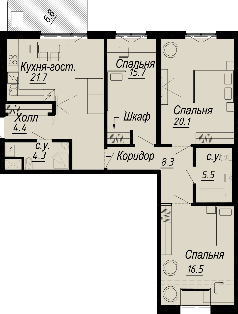 3 комн. квартира, 99 м², 7 этаж 