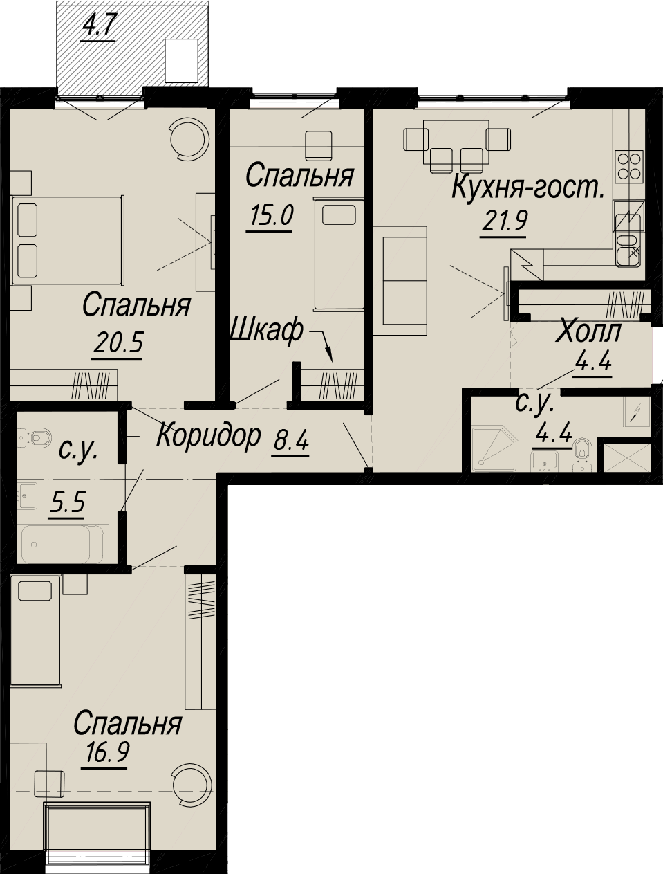 3 комн. квартира, 98.4 м², 7 этаж 