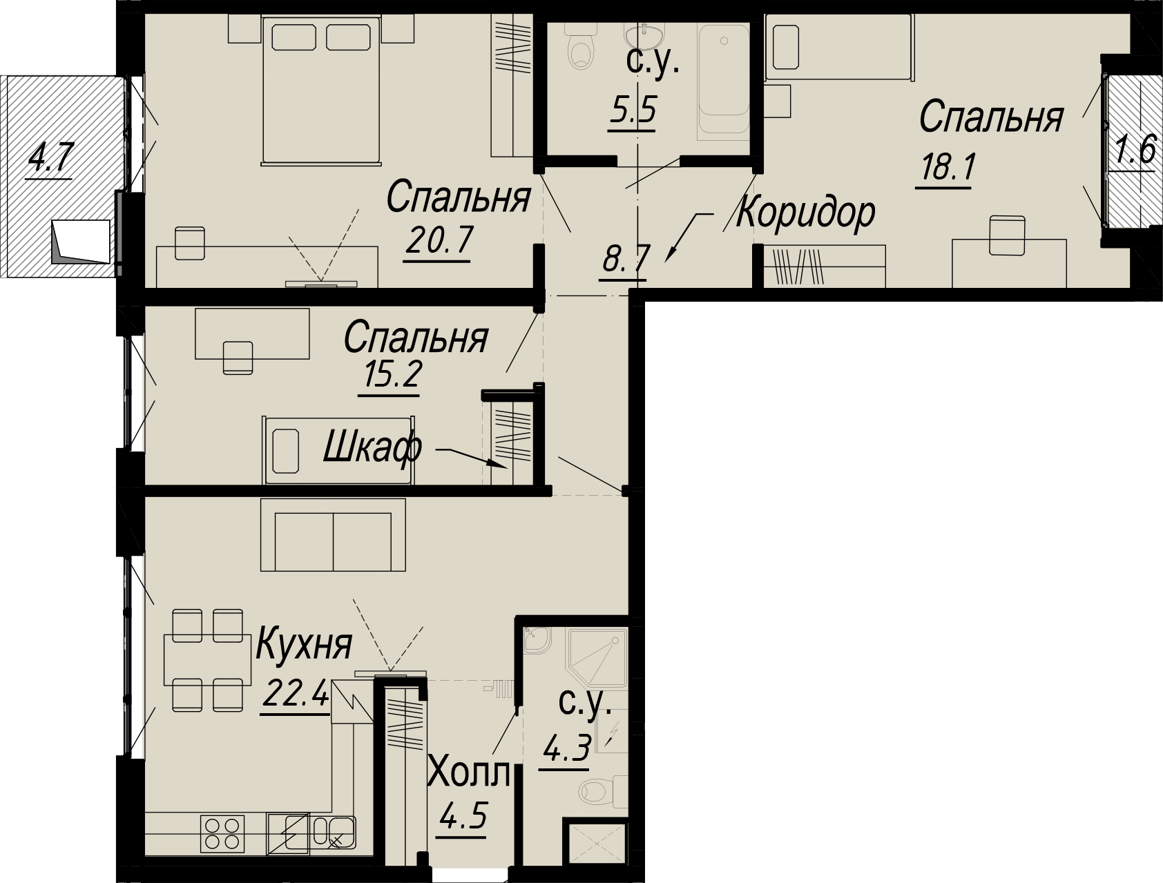3 комн. квартира, 102.7 м², 4 этаж 