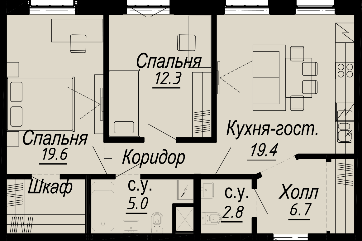 2 комн. квартира, 69.2 м², 5 этаж 