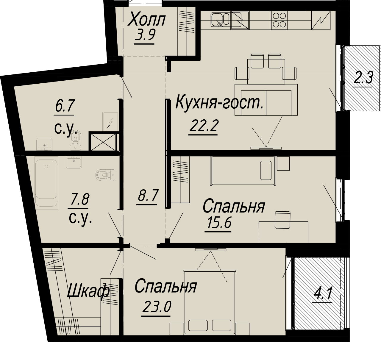 2 комн. квартира, 91.1 м², 6 этаж 