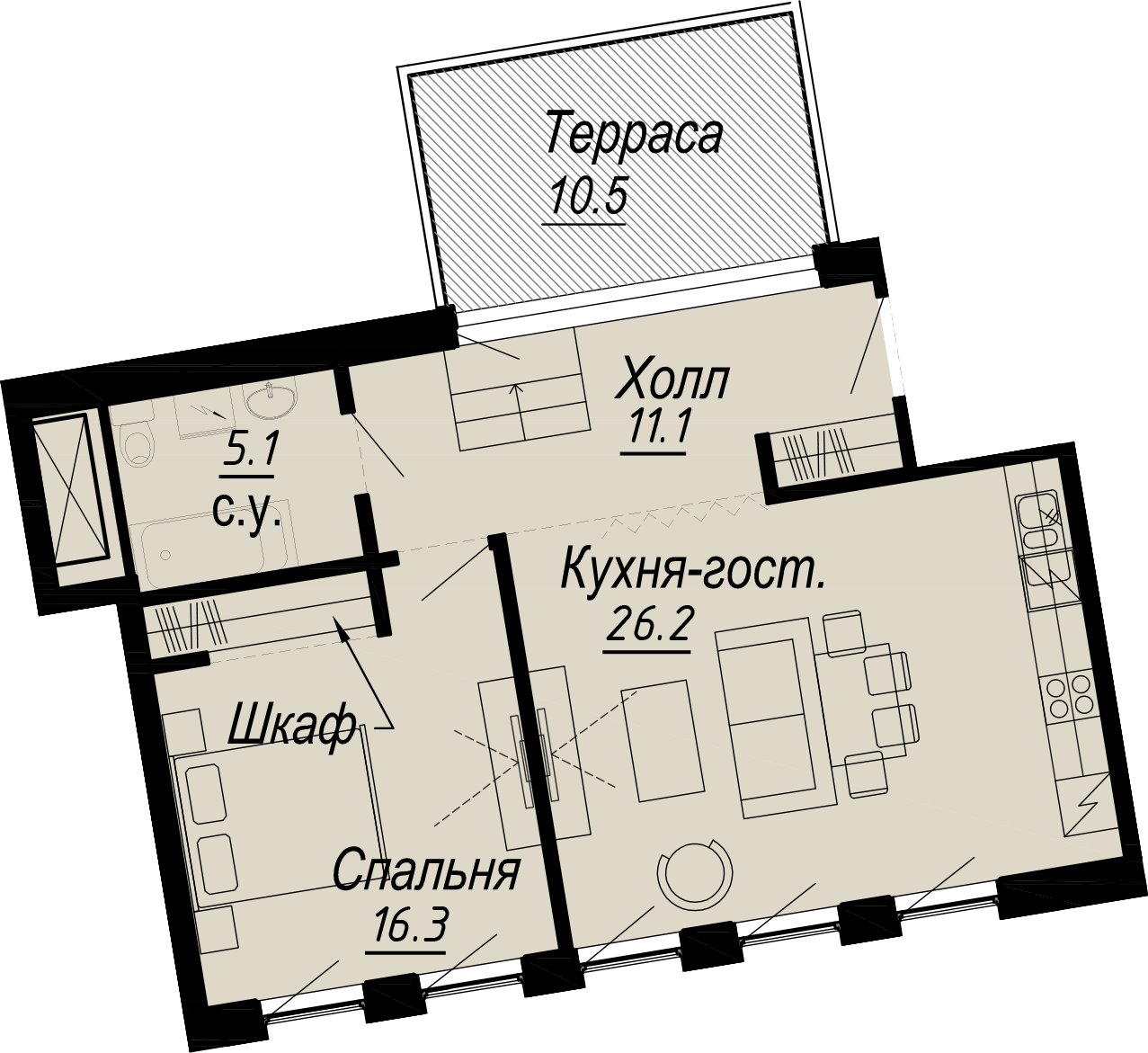 1 комн. квартира, 64 м², 6 этаж 