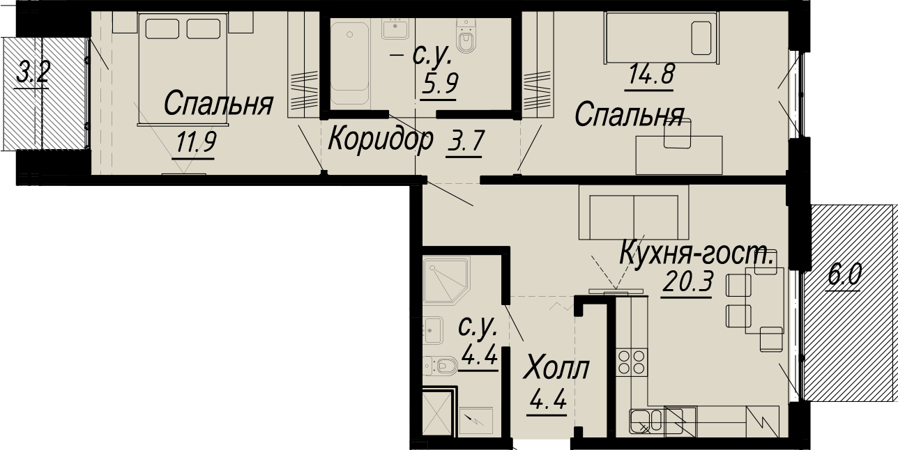 2 комн. квартира, 67.2 м², 7 этаж 