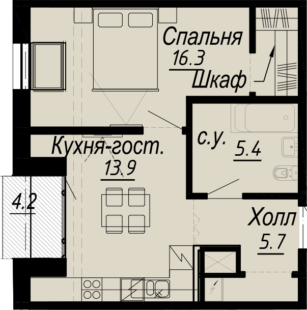 1 комн. квартира, 42.5 м², 7 этаж 