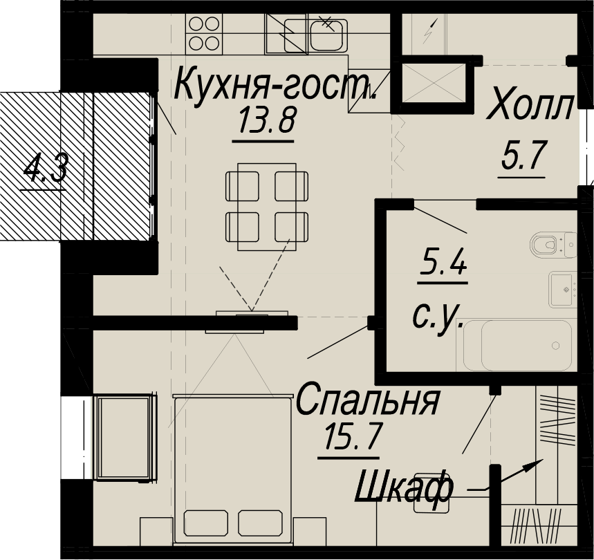 1 комн. квартира, 42.8 м², 7 этаж 