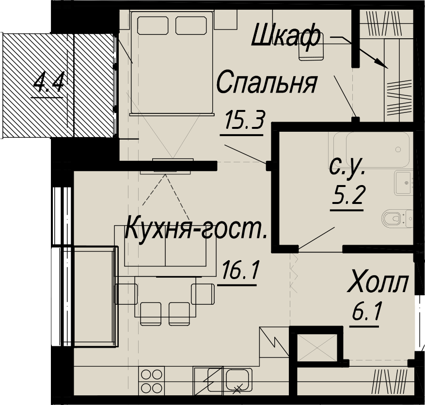 1 комн. квартира, 44 м², 7 этаж 