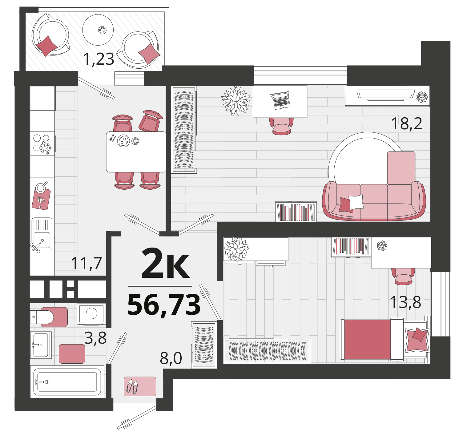 2 комн. квартира, 56.7 м², 17 этаж 