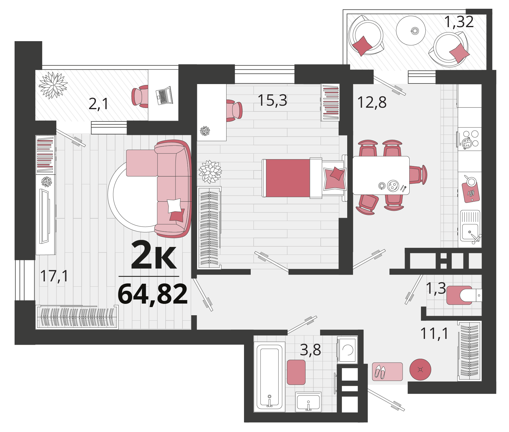 2 комн. квартира, 64.8 м², 16 этаж 