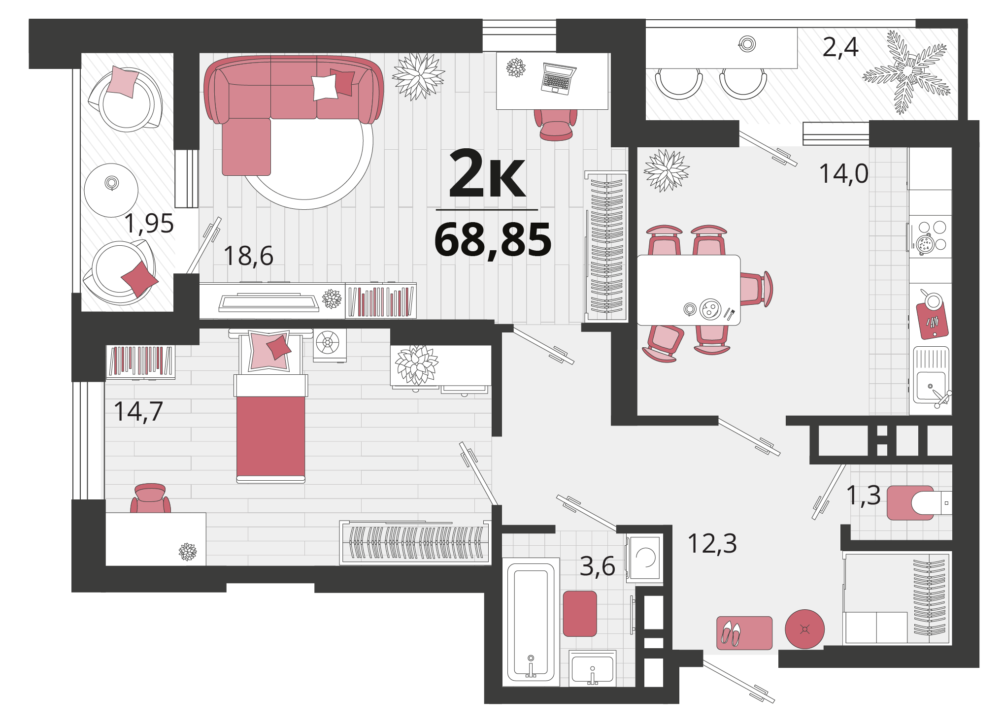 2 комн. квартира, 68.8 м², 2 этаж 