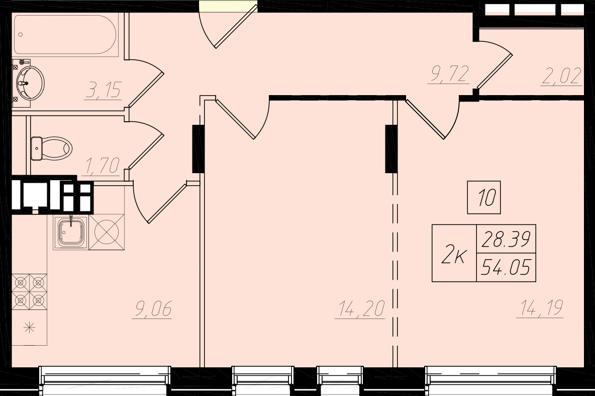 2 комн. квартира, 53.8 м², 2 этаж 