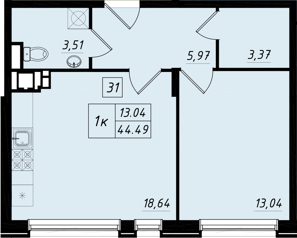 1 комн. квартира, 44.5 м², 1 этаж 