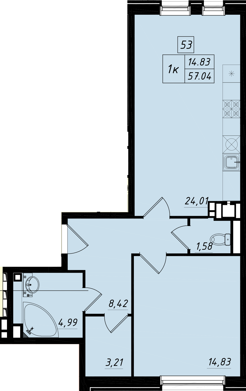 1 комн. квартира, 57.2 м², 1 этаж 