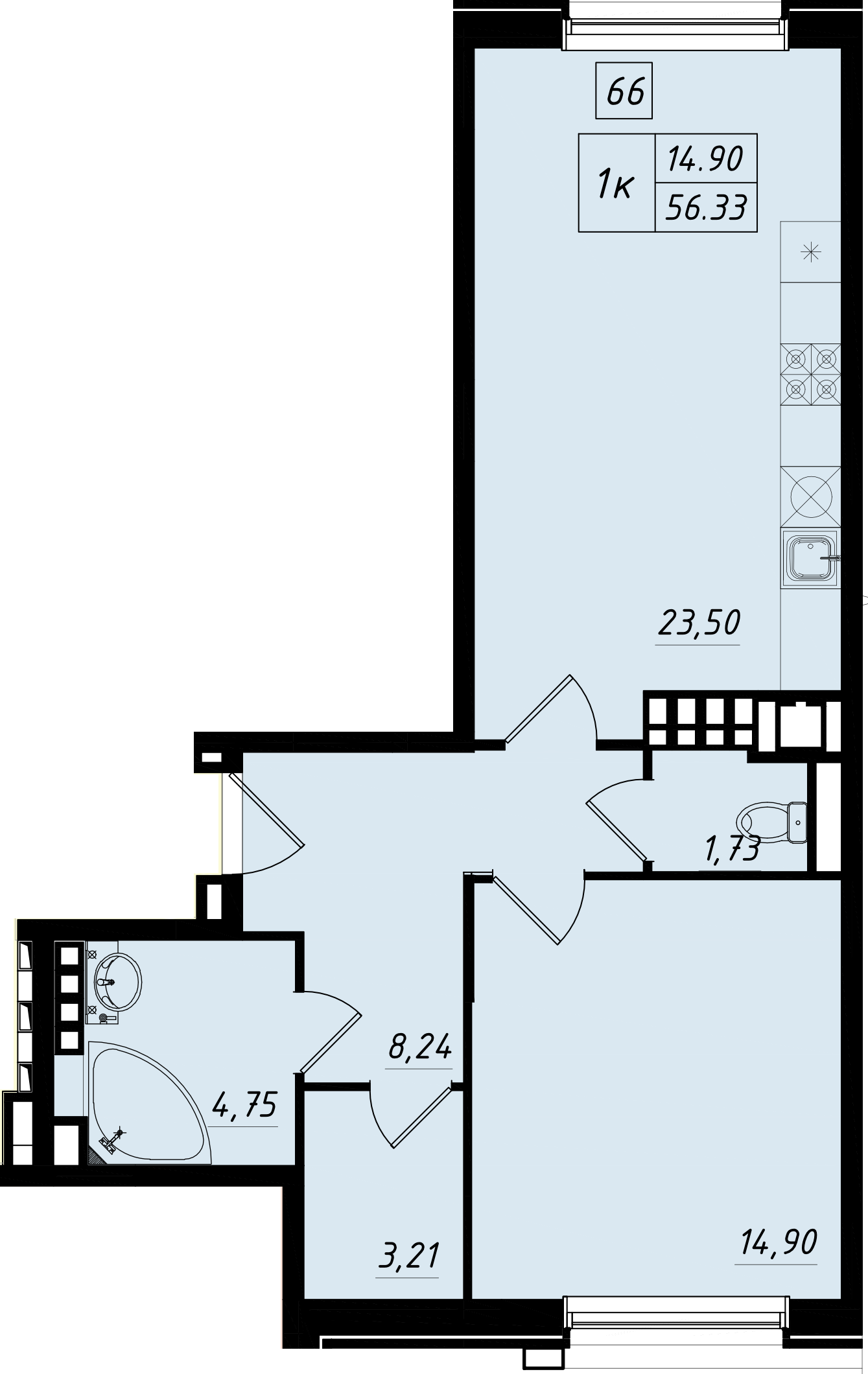 1 комн. квартира, 56.4 м², 4 этаж 