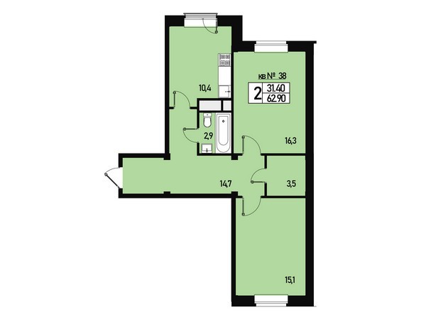 2 комн. квартира, 63 м², 1 этаж 