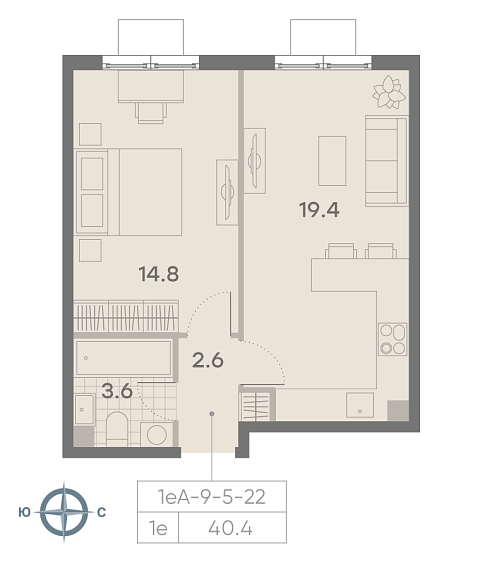 студия, 40.4 м², 22 этаж 