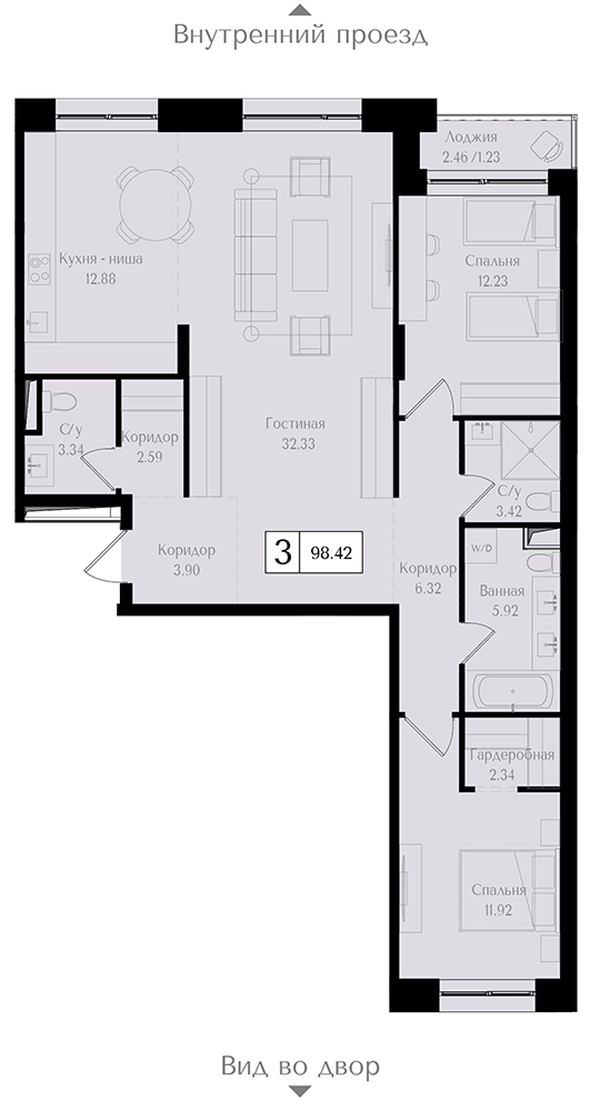 3 комн. квартира, 98.5 м², 2 этаж 